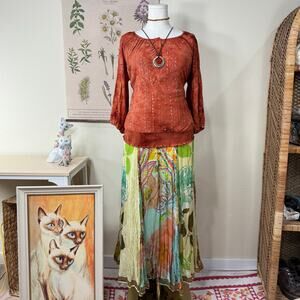 Vintage Y2k Orange Sequin Embroidered Top Fairy Grunge Boho Hippie Bohemian L